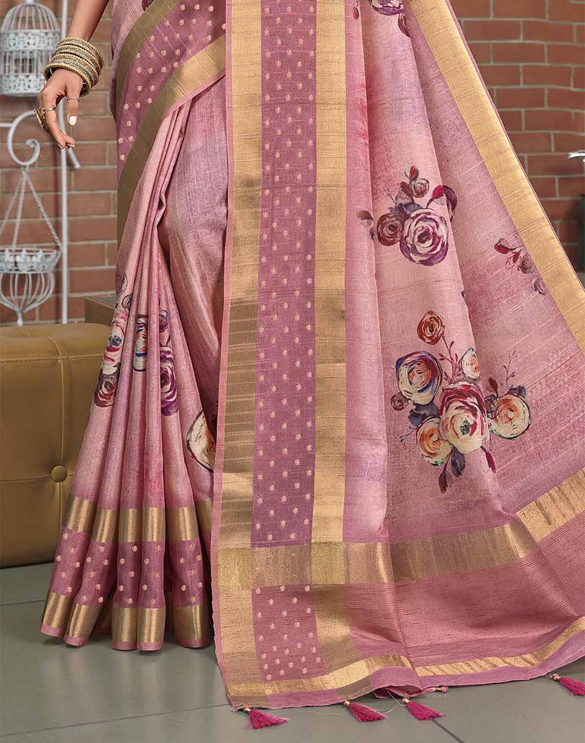 Collection of Light Pink Digital Print Jute Silk Fancy Saree in a gallery layout