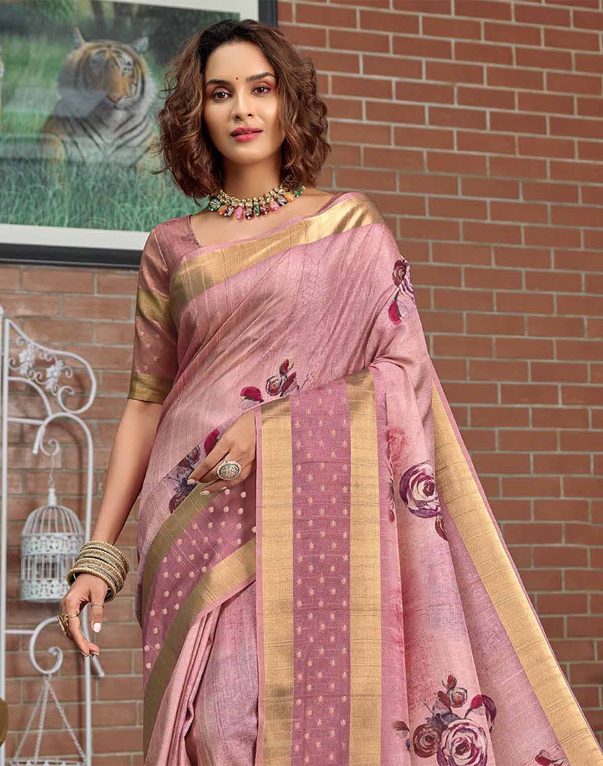 Light Pink Digital Print Jute Silk Fancy Saree