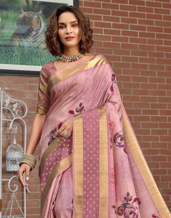 Collection of Light Pink Digital Print Jute Silk Fancy Saree in a gallery layout