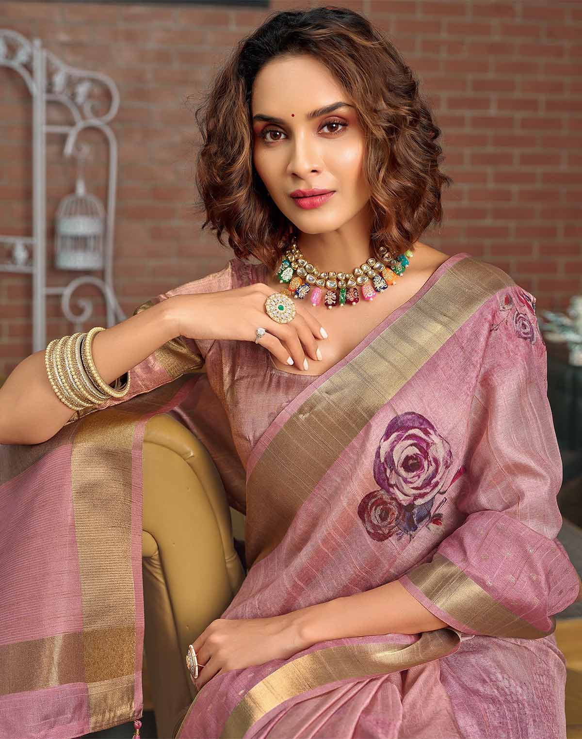 Collection of Light Pink Digital Print Jute Silk Fancy Saree in a gallery layout