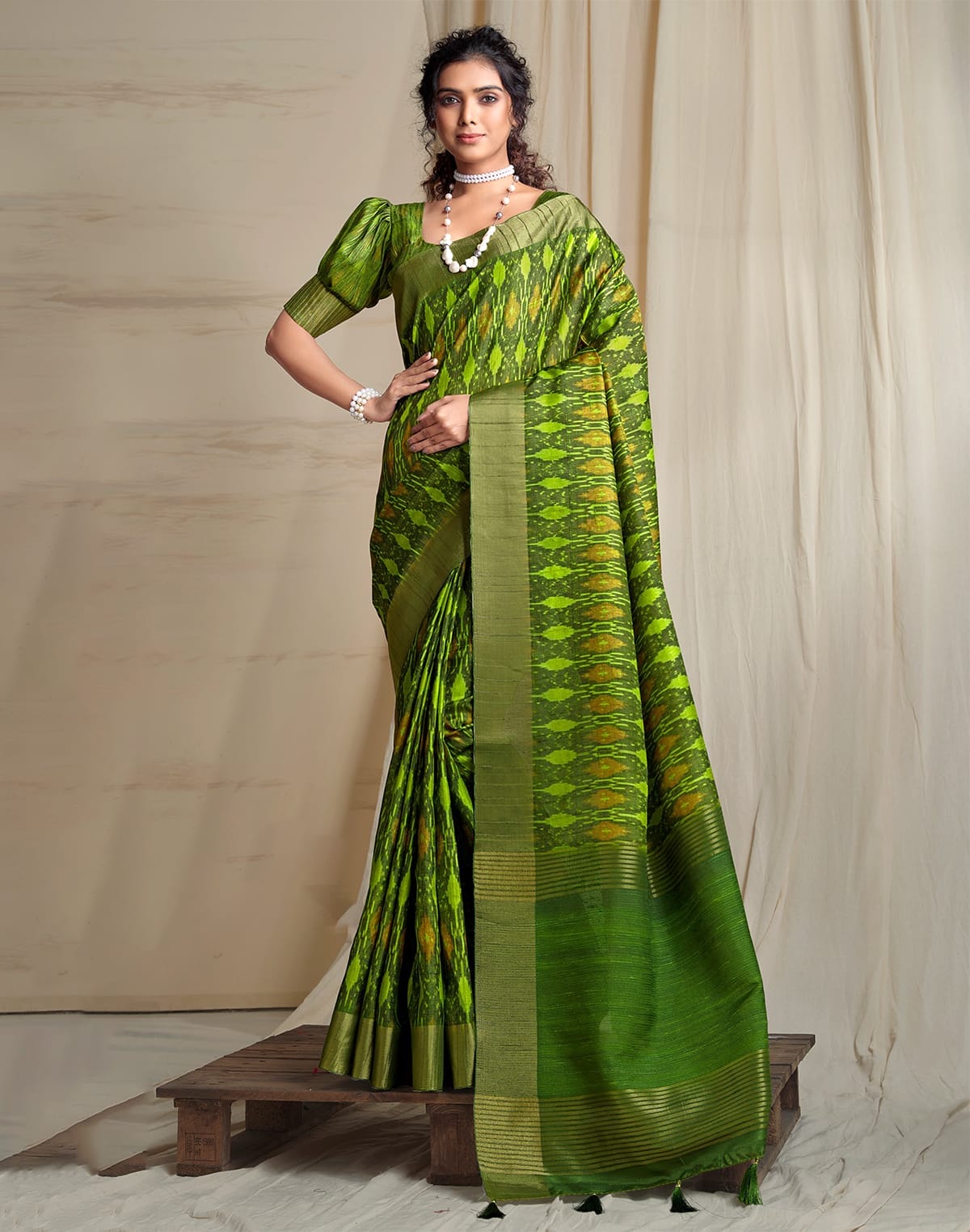 Parrot Green Ikat Style Tussar Silk Saree