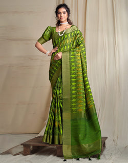 Collection of Parrot Green Ikat Style Tussar Silk Saree in a gallery layout