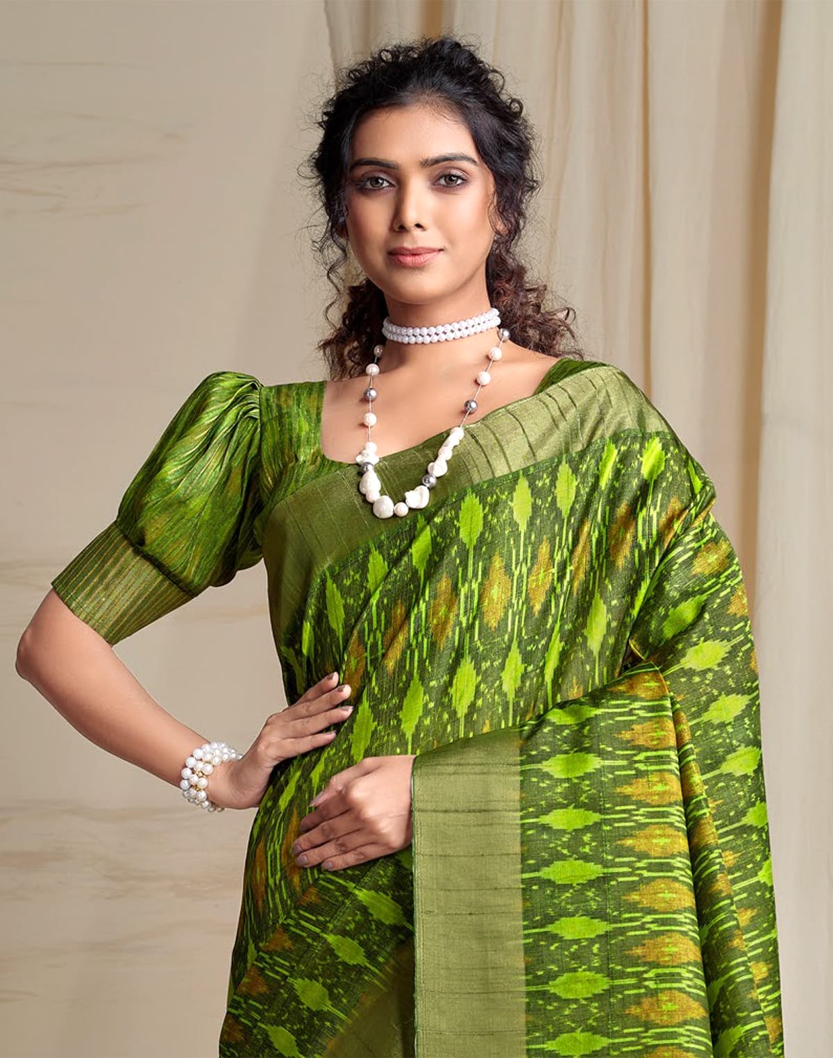 Parrot Green Ikat Style Tussar Silk Saree