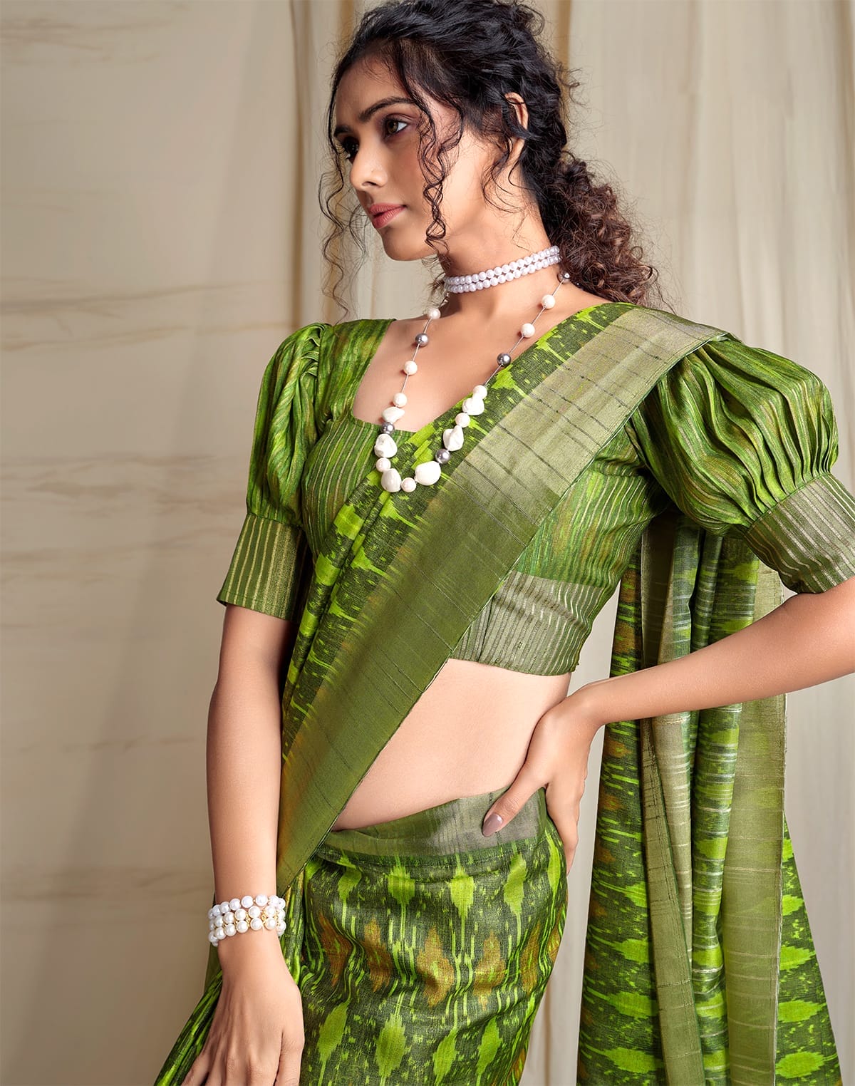 Parrot Green Ikat Style Tussar Silk Saree