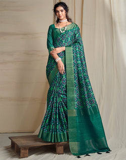 Collection of Green Handwoven Ikat Print Tussar Silk Saree in a gallery layout