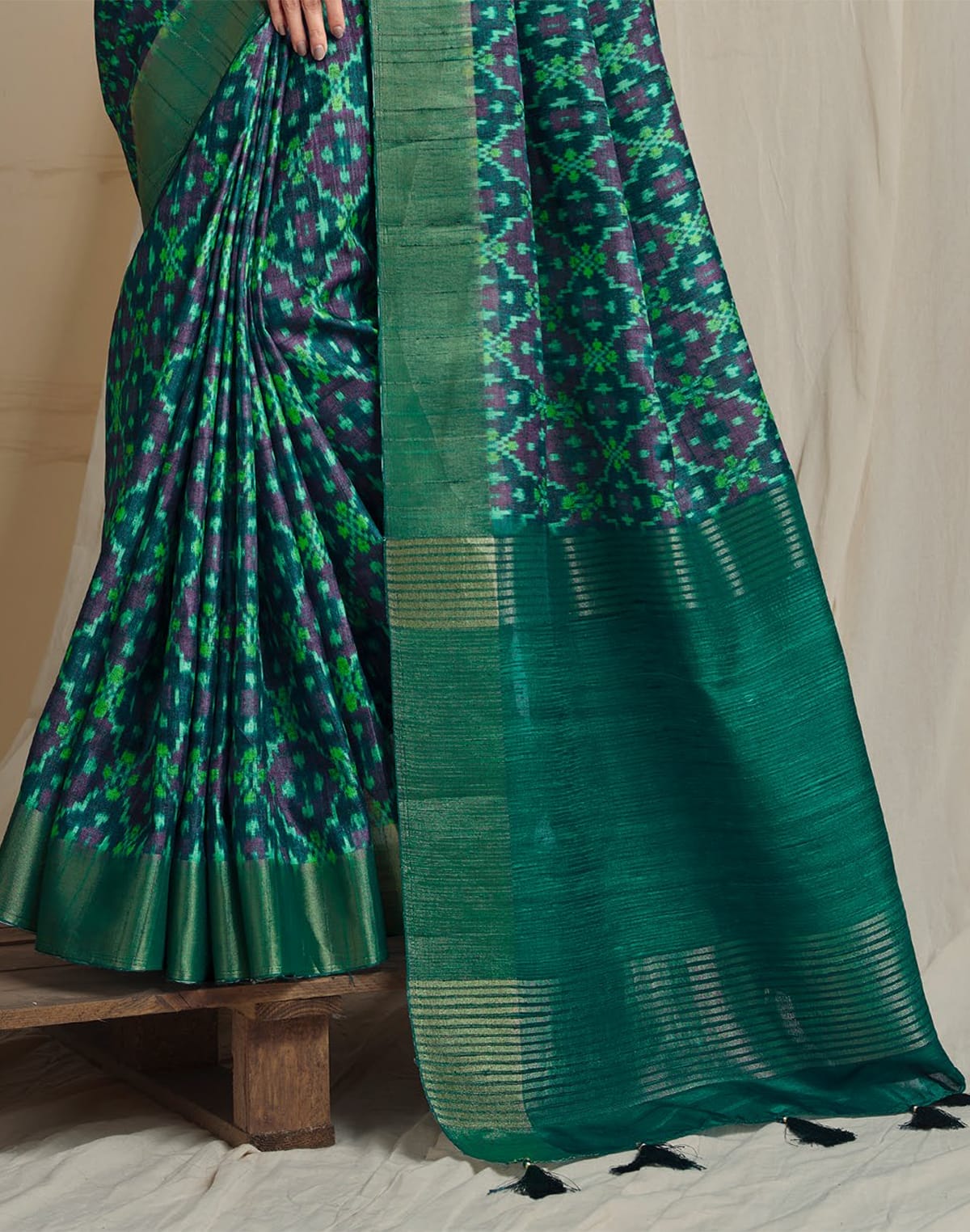 Collection of Green Handwoven Ikat Print Tussar Silk Saree in a gallery layout