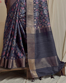 Collection of Emerald Blue Ikat Print Handloom Tussar Silk Saree in a gallery layout