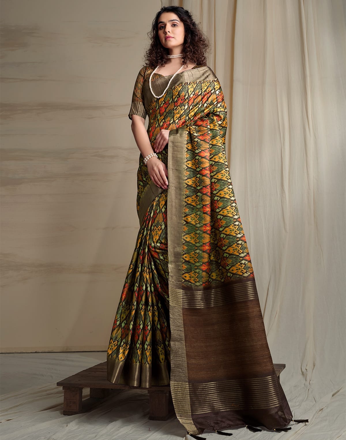 Mustard Ikat Printed Handloom Tussar Silk Saree