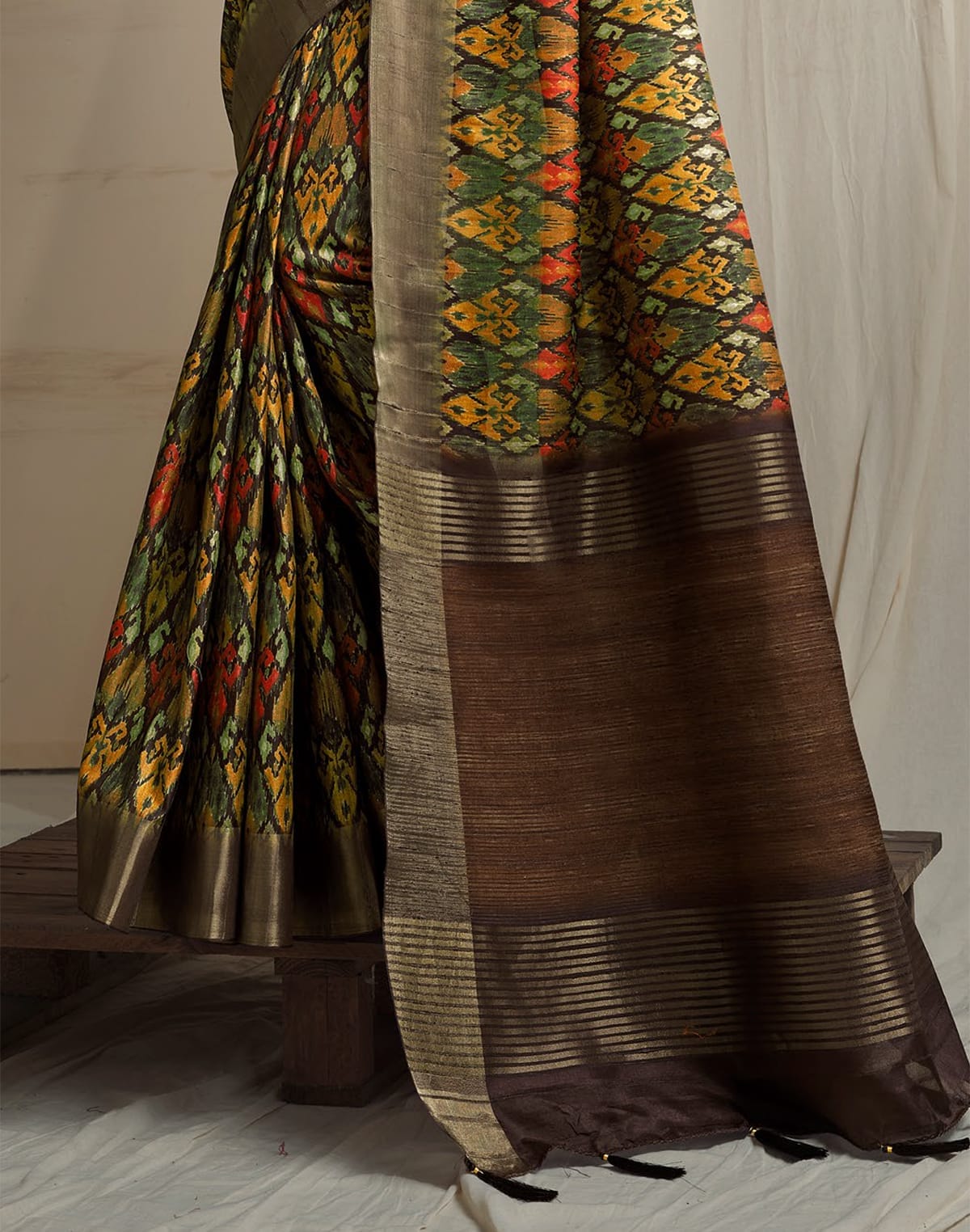 Mustard Ikat Printed Handloom Tussar Silk Saree