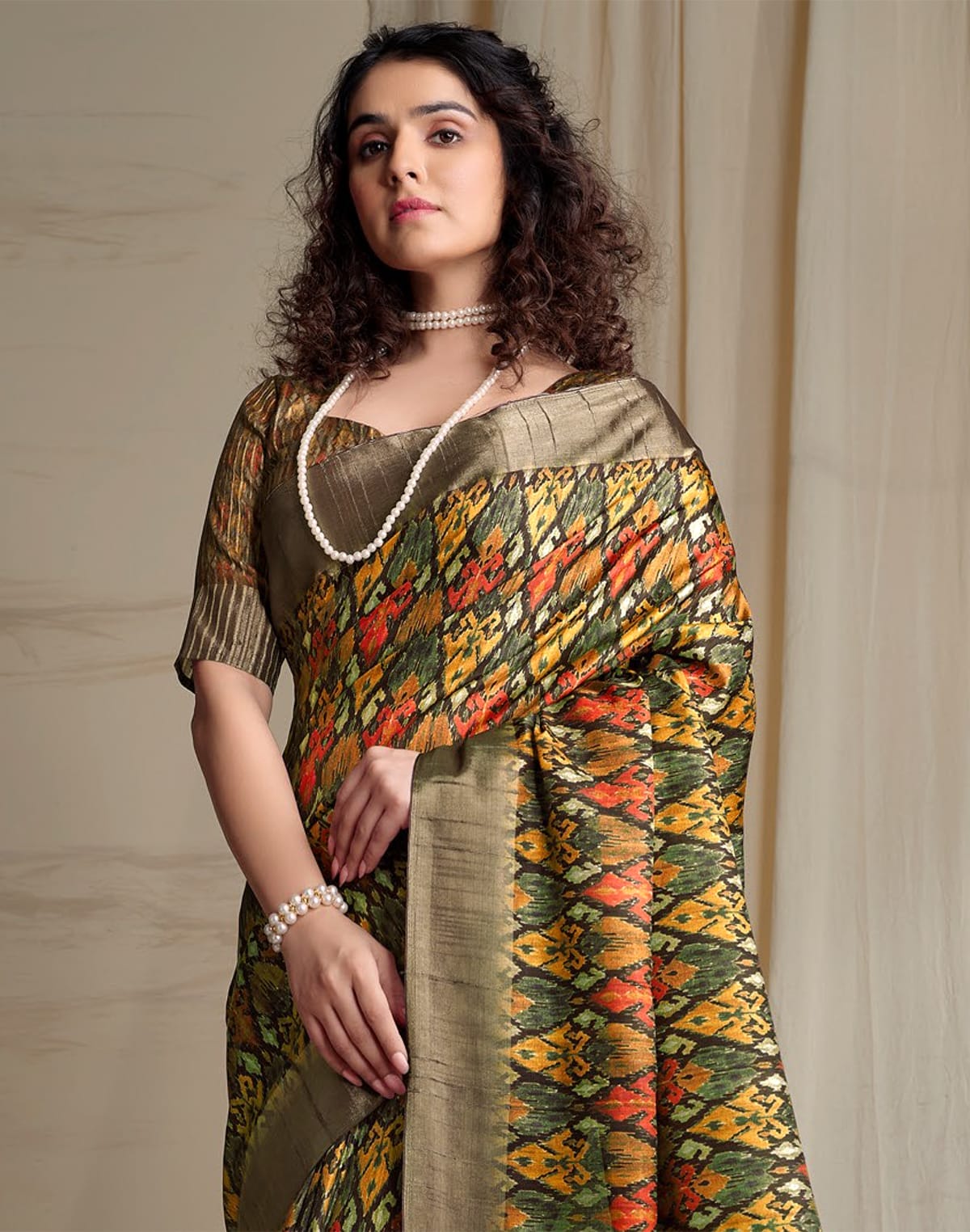 Collection of Mustard Ikat Printed Handloom Tussar Silk Saree in a gallery layout