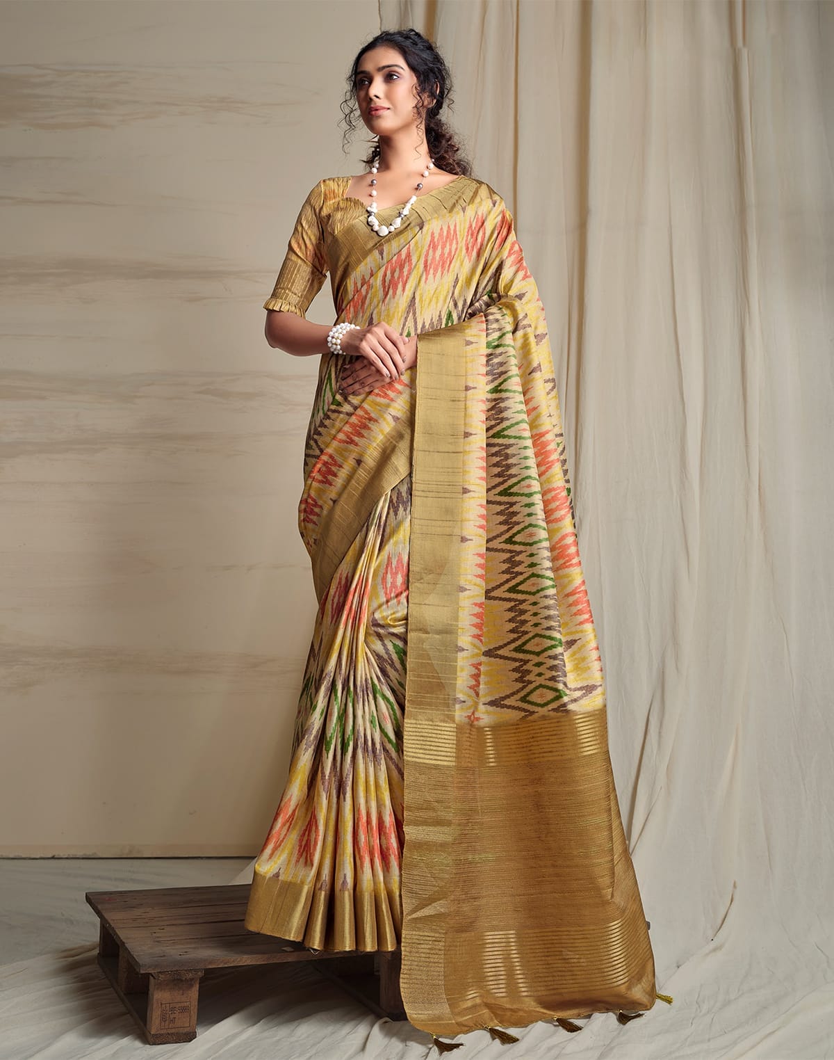 Beige Handloom Ikat Print Tussar Silk Saree