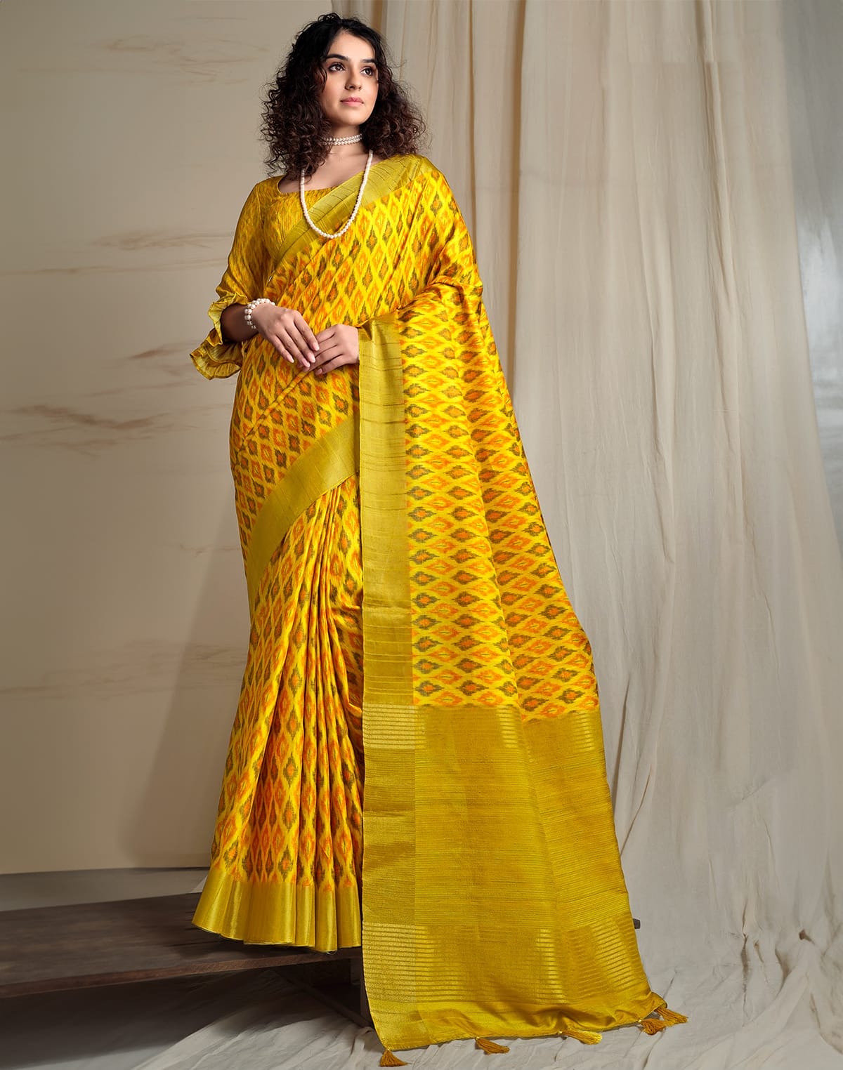 Yellow Tussar Silk Ikat Printed Saree