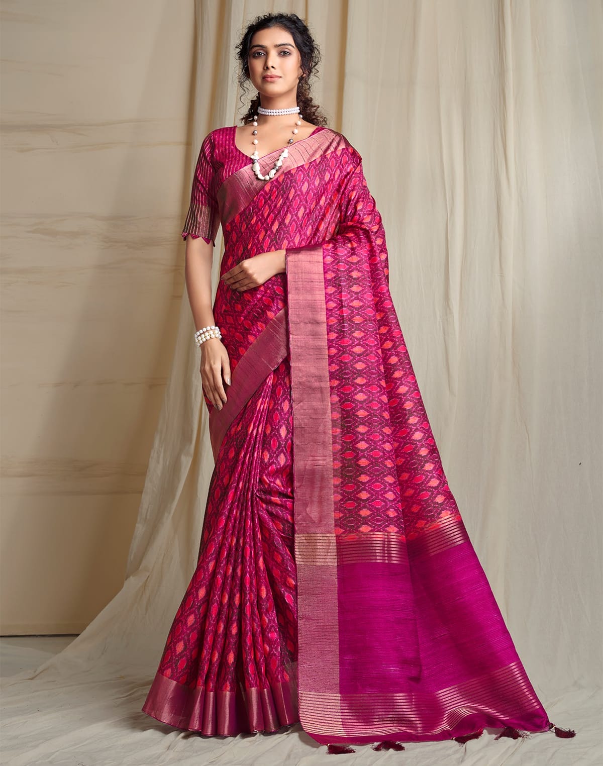 Magenta Handloom Tussar Silk with Ikat Print Saree