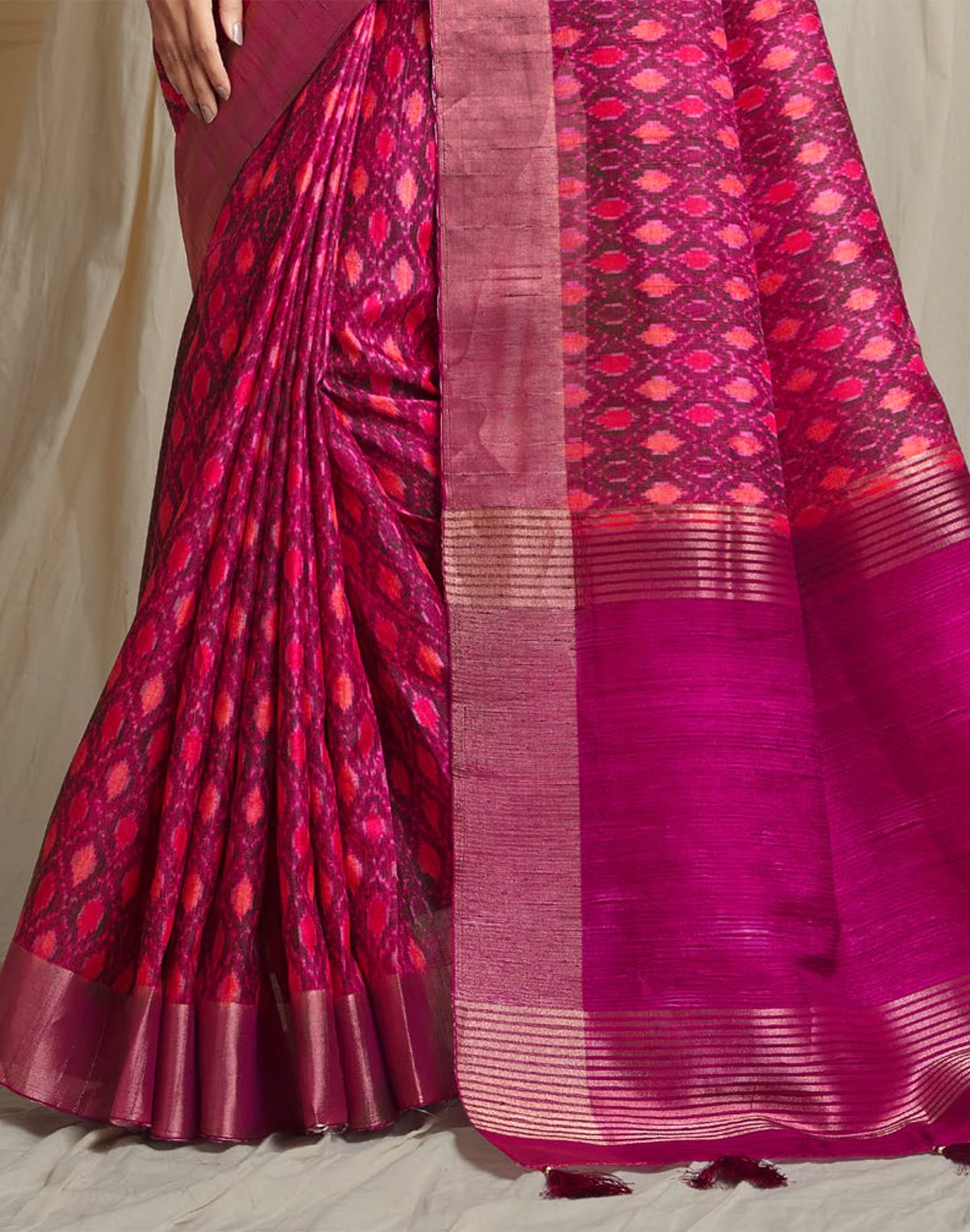 Collection of Magenta Handloom Tussar Silk with Ikat Print Saree in a gallery layout