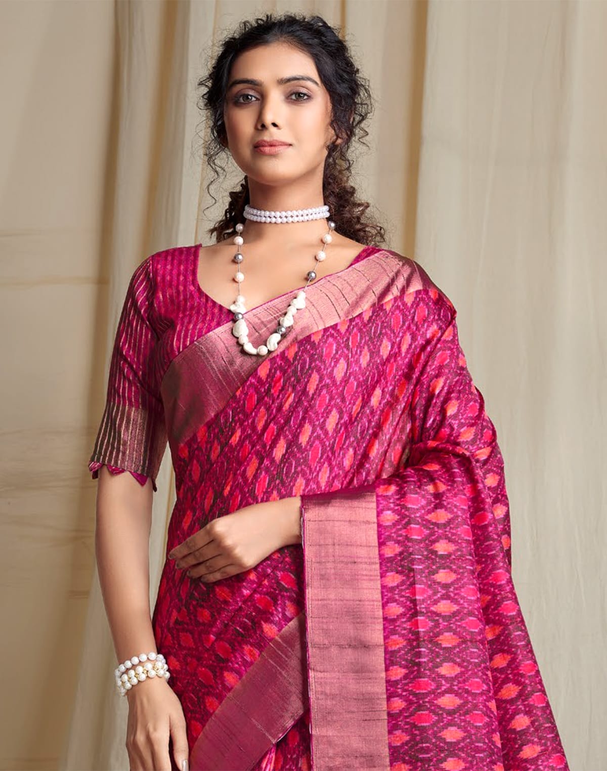 Collection of Magenta Handloom Tussar Silk with Ikat Print Saree in a gallery layout