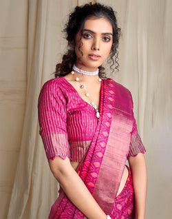 Collection of Magenta Handloom Tussar Silk with Ikat Print Saree in a gallery layout