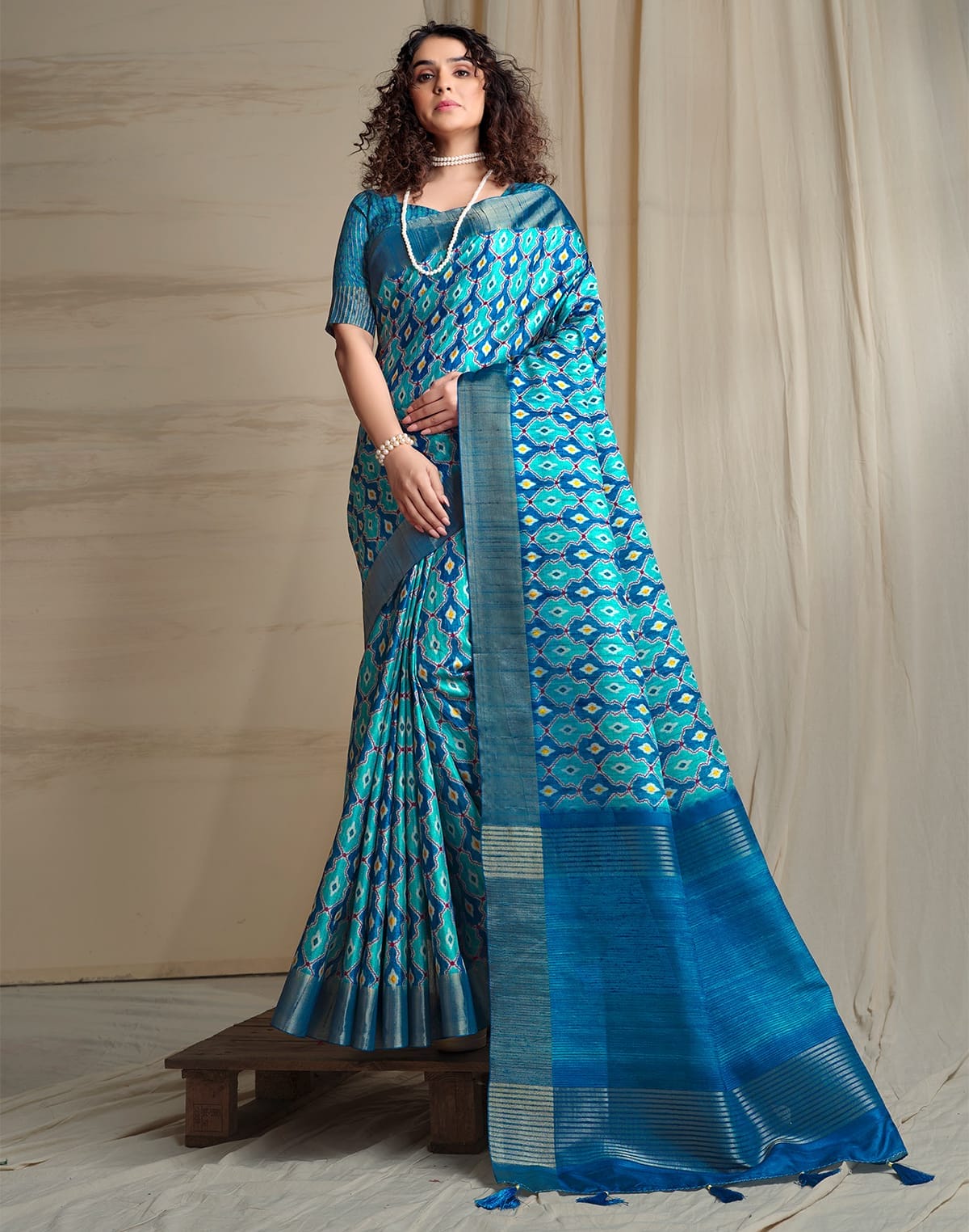 Sky Blue Coloured Ikat Printed Tussar Silk Saree