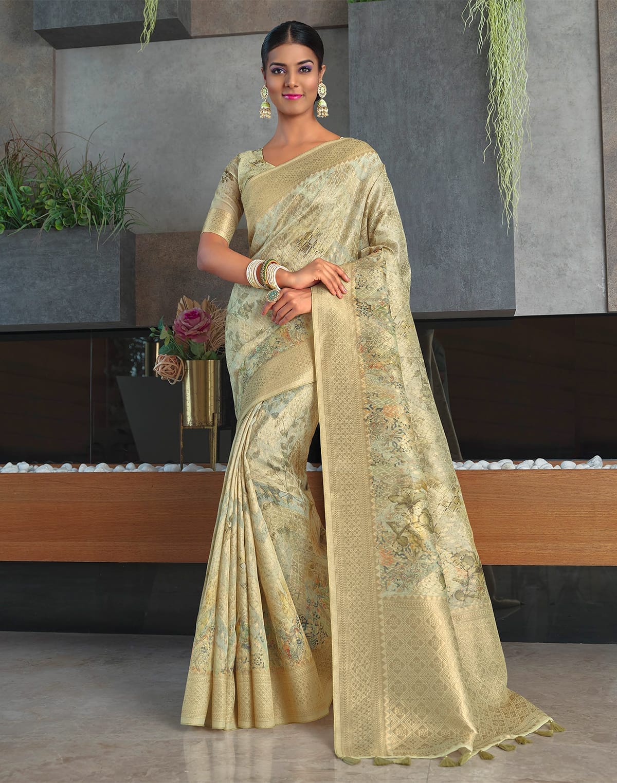 Elegant Light Pista Green Floral Jute Saree