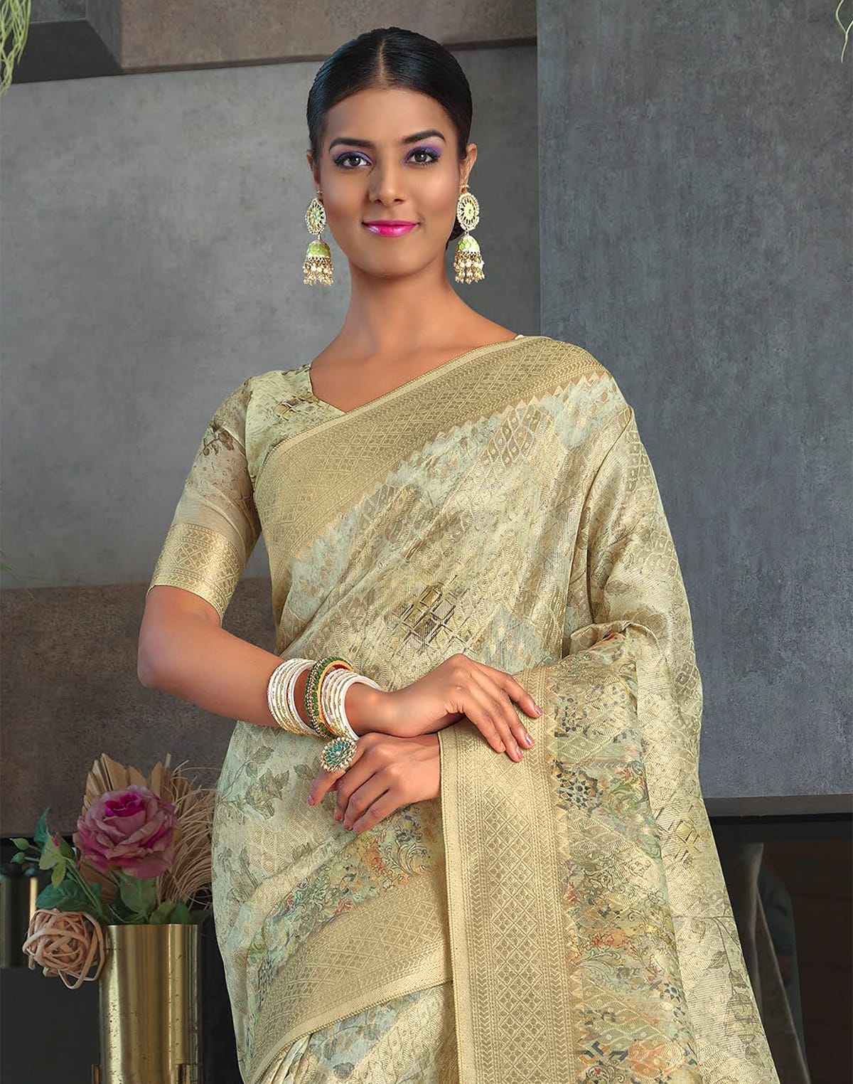 Elegant Light Pista Green Floral Jute Saree