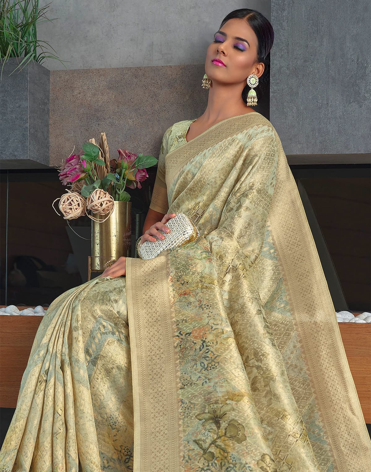 Elegant Light Pista Green Floral Jute Saree