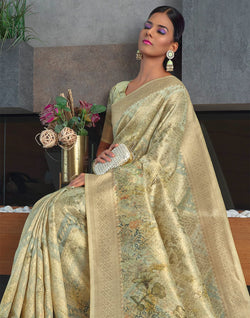 Collection of Elegant Light Pista Green Floral Jute Saree in a gallery layout