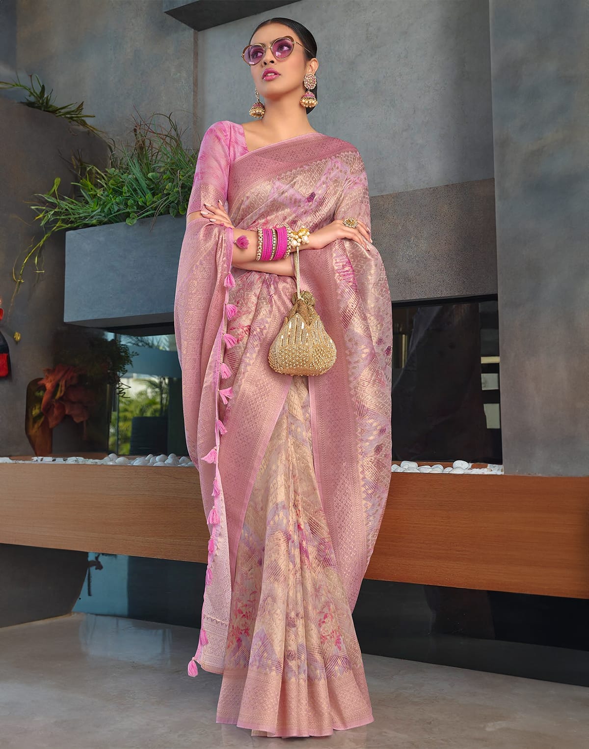 Pink Coloured Floral Jute Saree