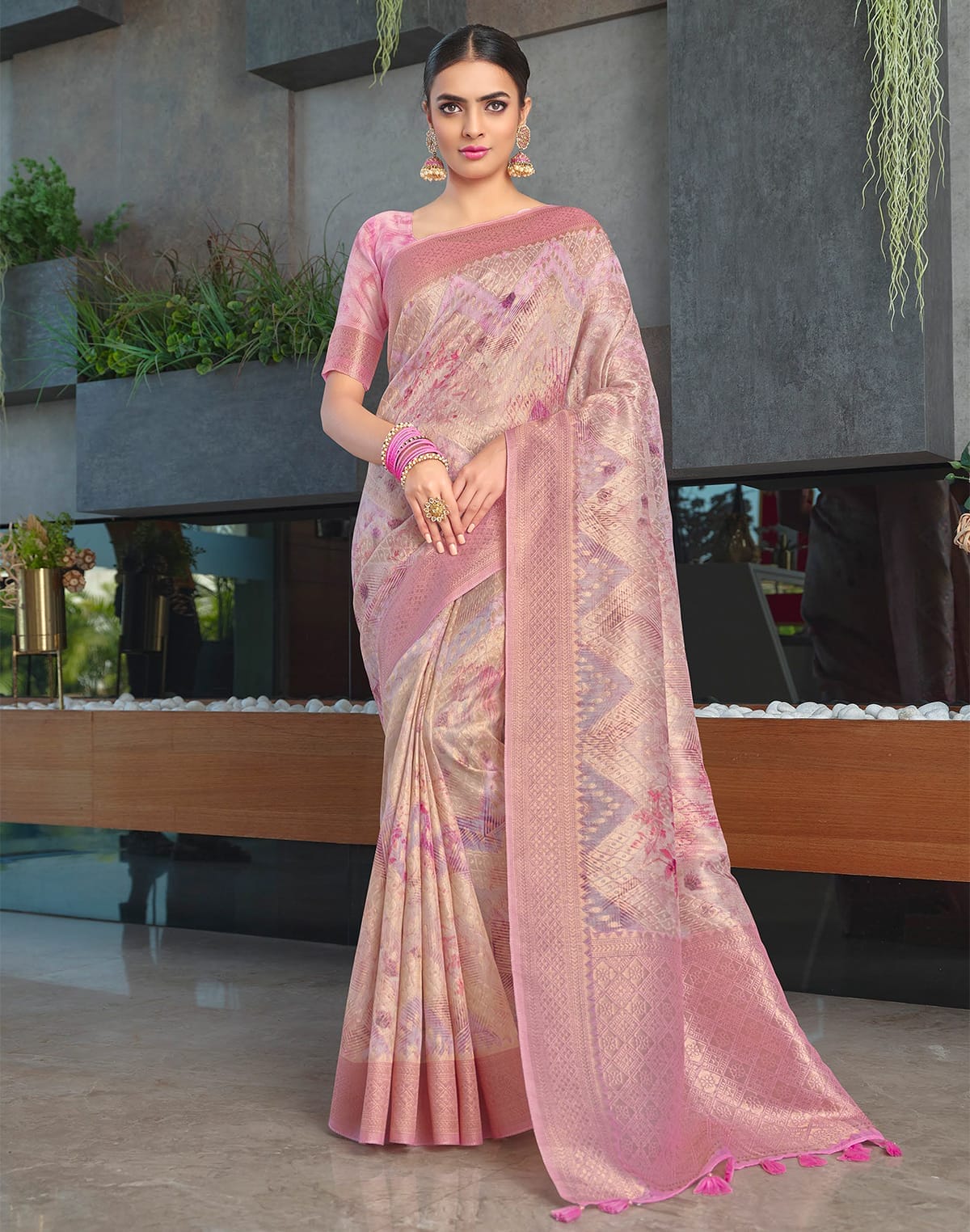 Pink Coloured Floral Jute Saree