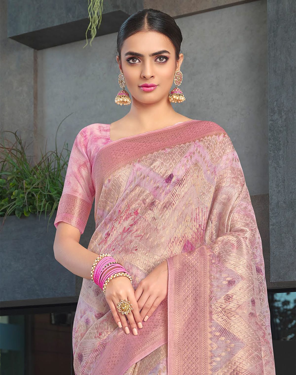 Pink Coloured Floral Jute Saree