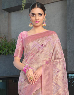 Collection of Pink Coloured Floral Jute Saree in a gallery layout