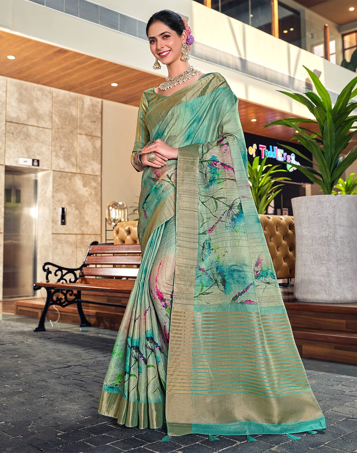 Light Sea Green Botanical Print Bagalpuri Silk Saree