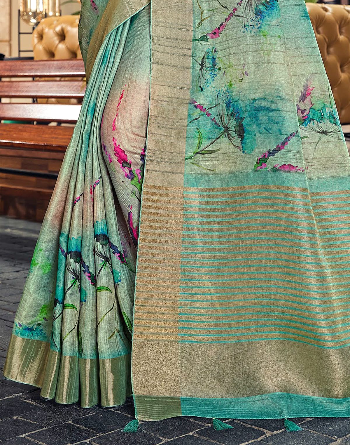 Light Sea Green Botanical Print Bagalpuri Silk Saree