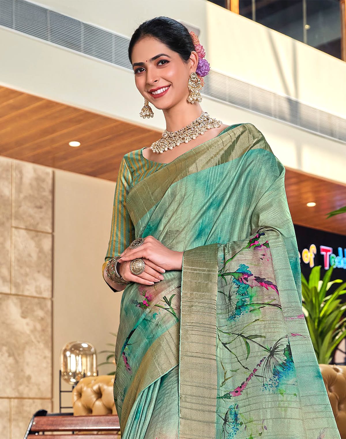 Collection of Light Sea Green Botanical Print Bagalpuri Silk Saree in a gallery layout