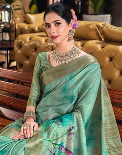 Collection of Light Sea Green Botanical Print Bagalpuri Silk Saree in a gallery layout