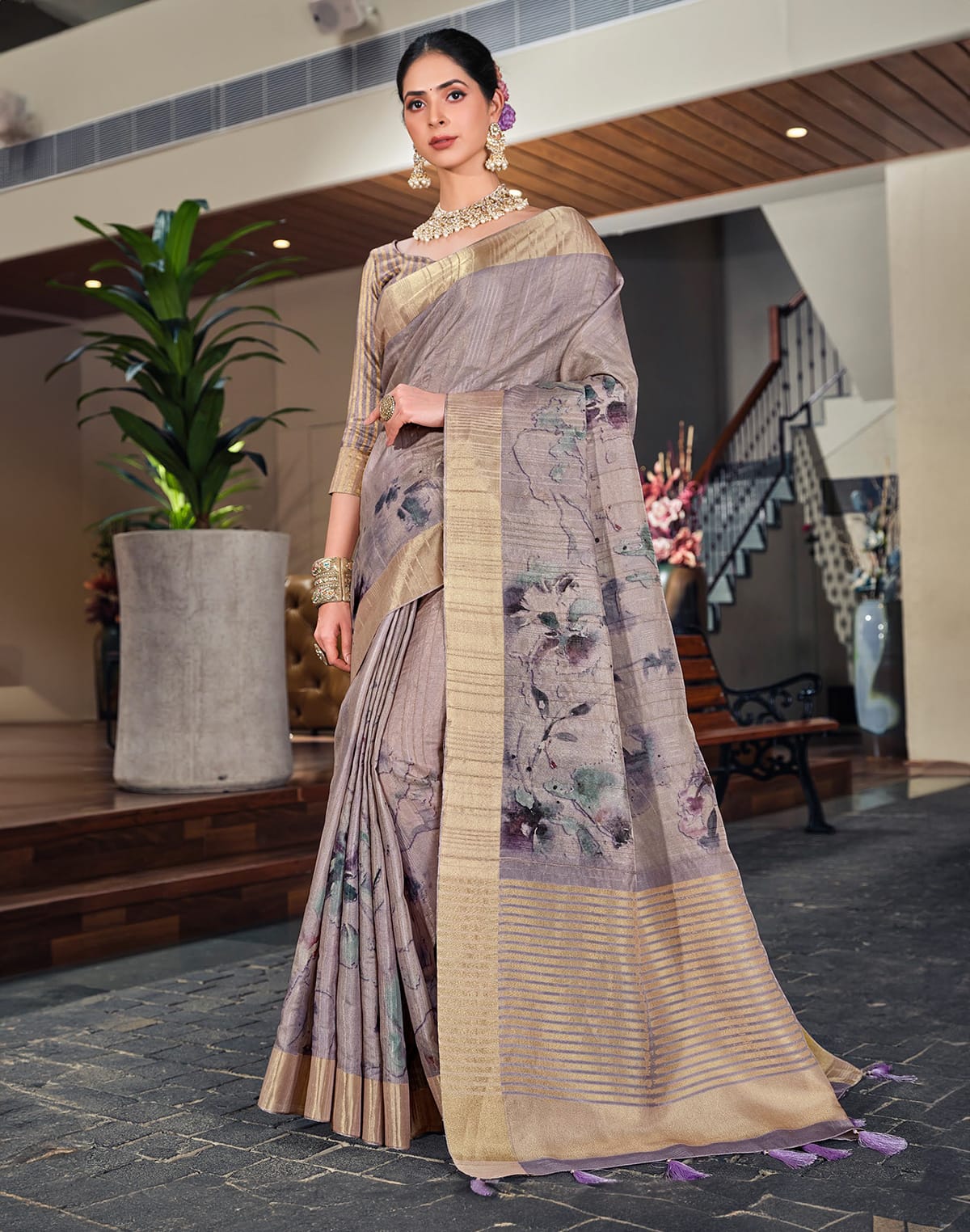 Collection of Grey Graphic Print Bagalpuri fabric Saree in a gallery layout