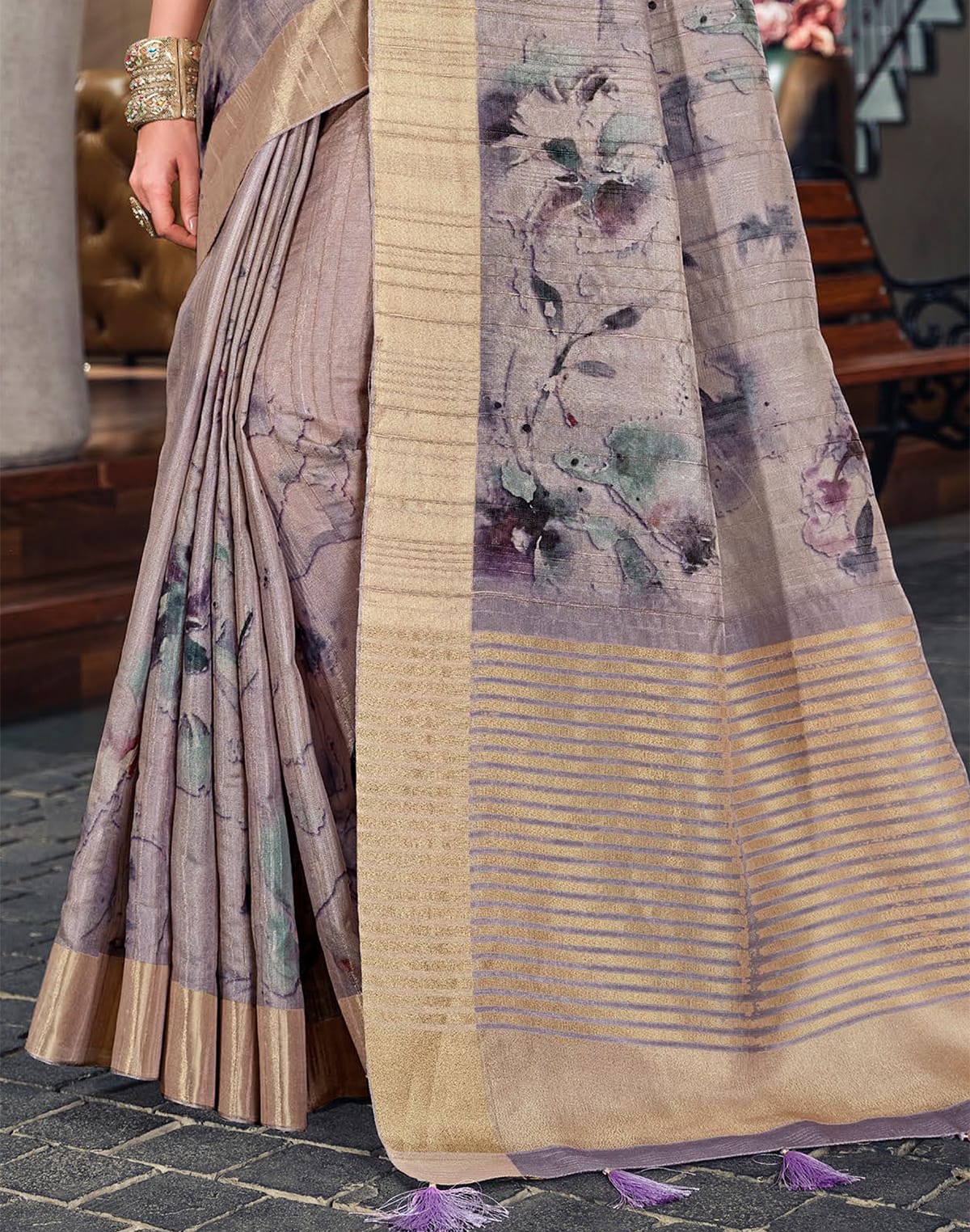 Collection of Grey Graphic Print Bagalpuri fabric Saree in a gallery layout