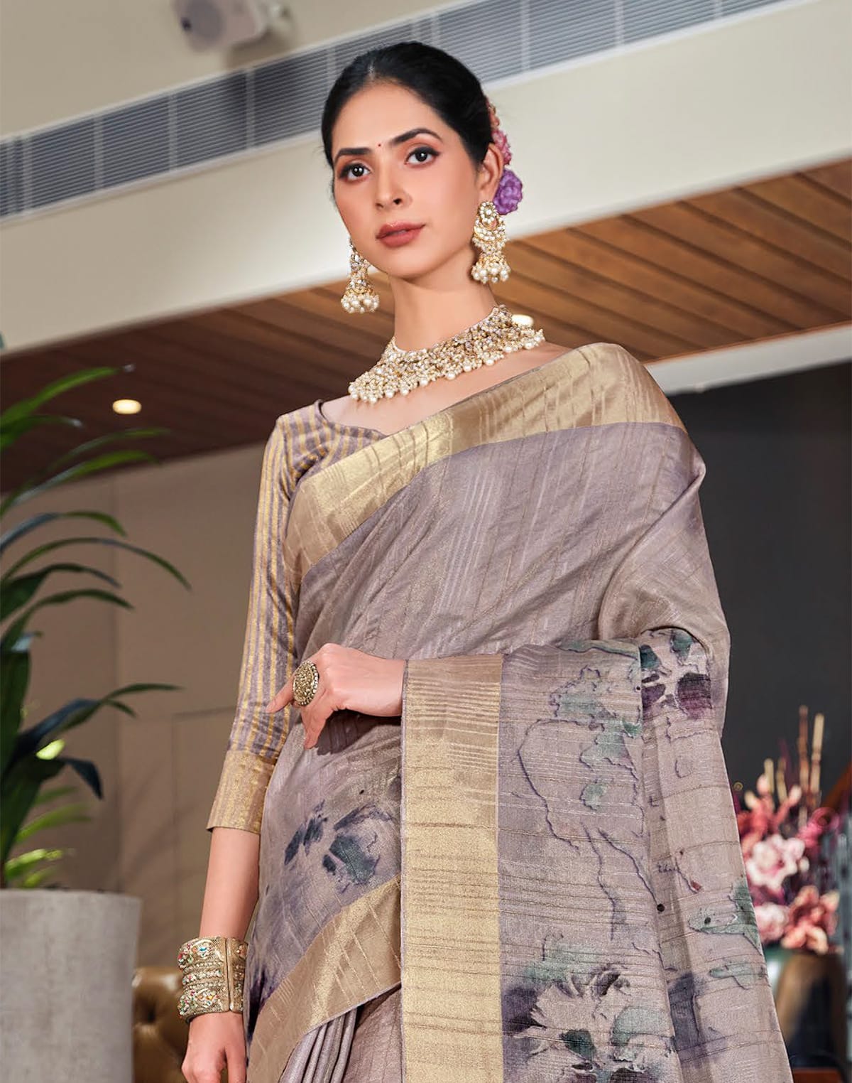 Collection of Grey Graphic Print Bagalpuri fabric Saree in a gallery layout