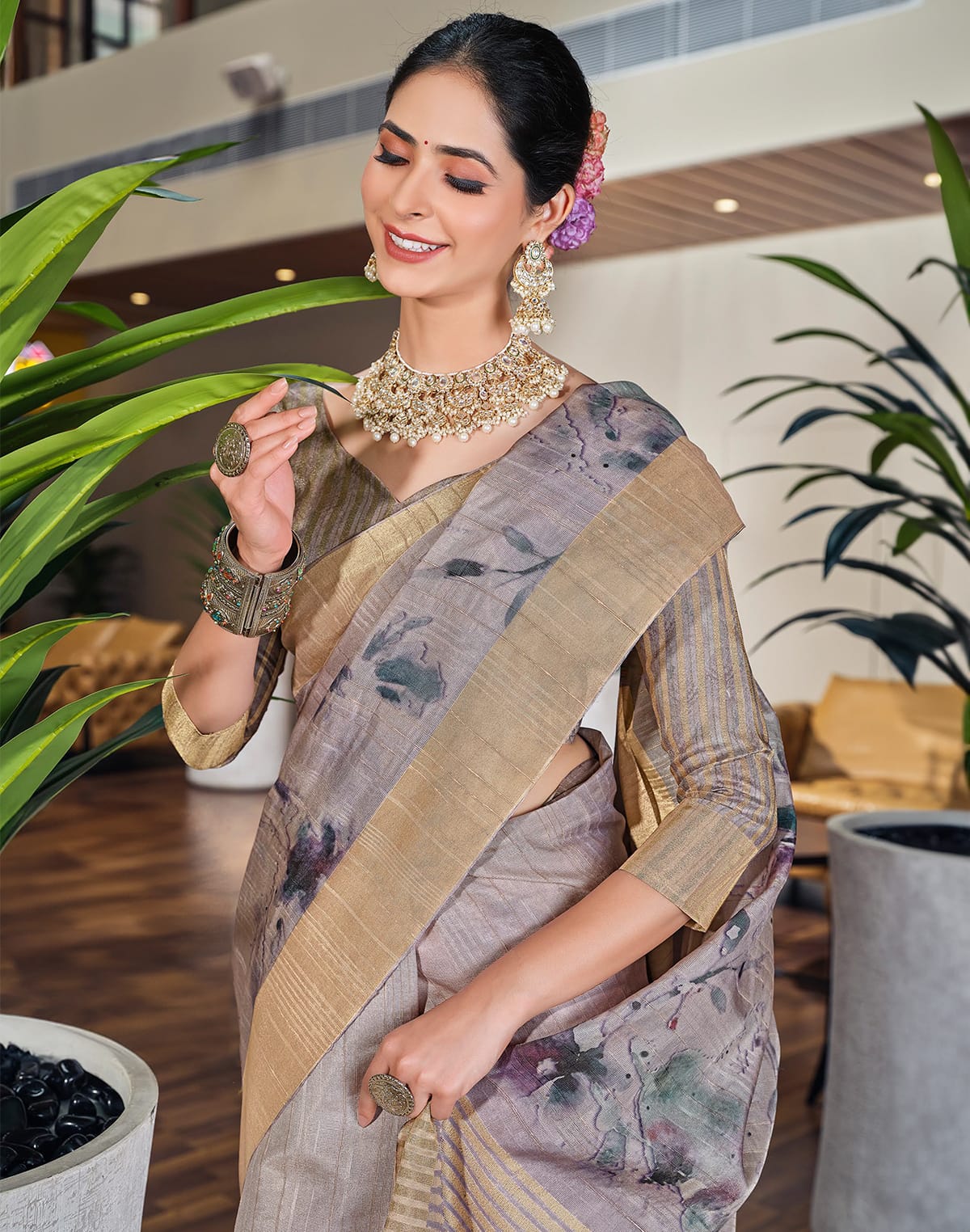 Grey Graphic Print Bagalpuri fabric Saree