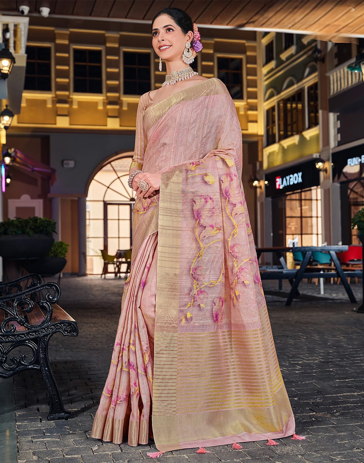 Light Pink Bagalpuri golden pallu Saree