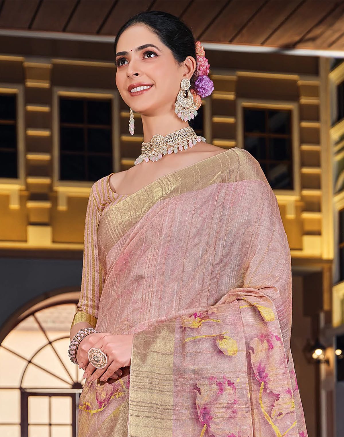 Collection of Light Pink Bagalpuri golden pallu Saree in a gallery layout