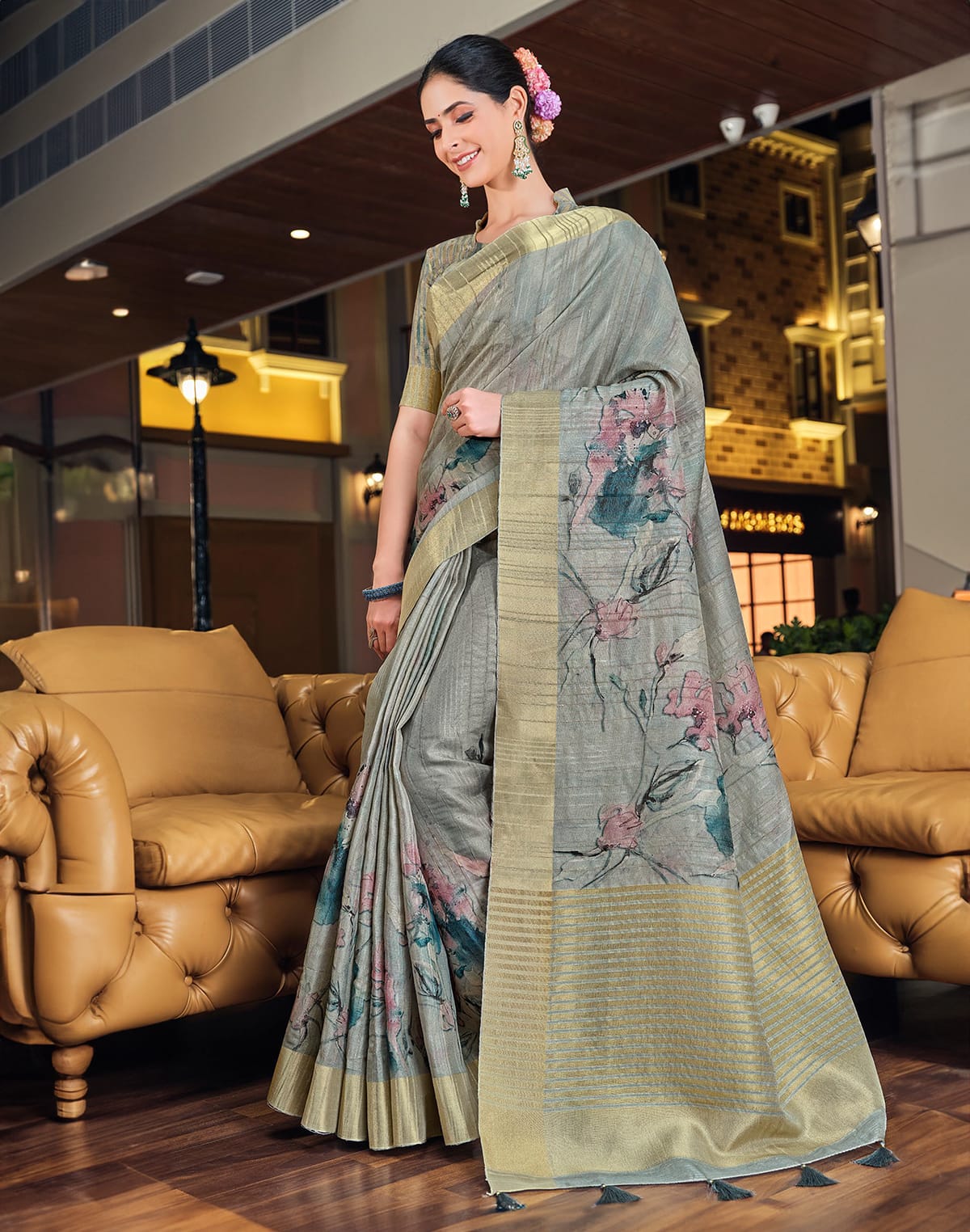 Collection of Grey all over digital prit Bagalpuri Silk Saree in a gallery layout