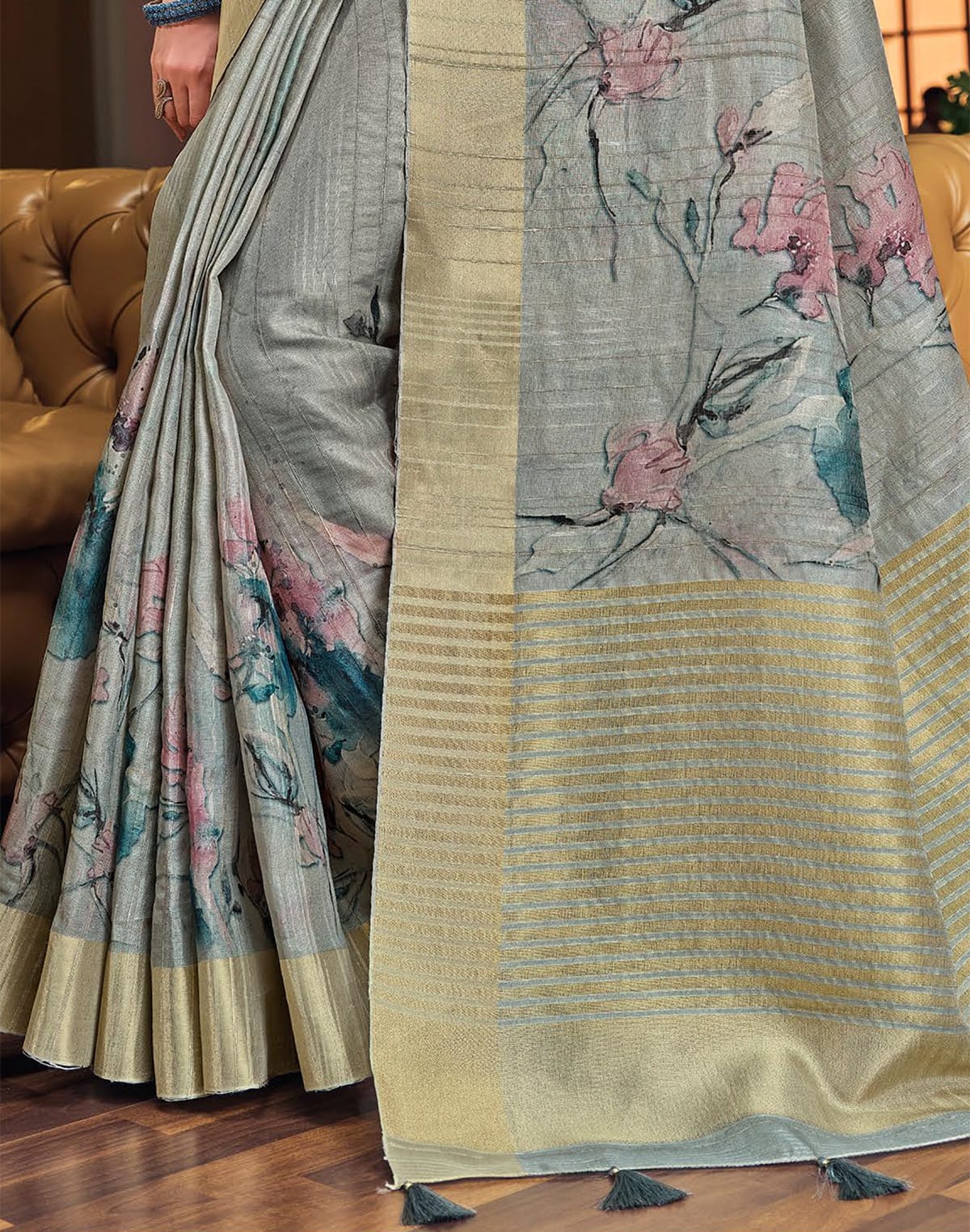 Collection of Grey all over digital prit Bagalpuri Silk Saree in a gallery layout