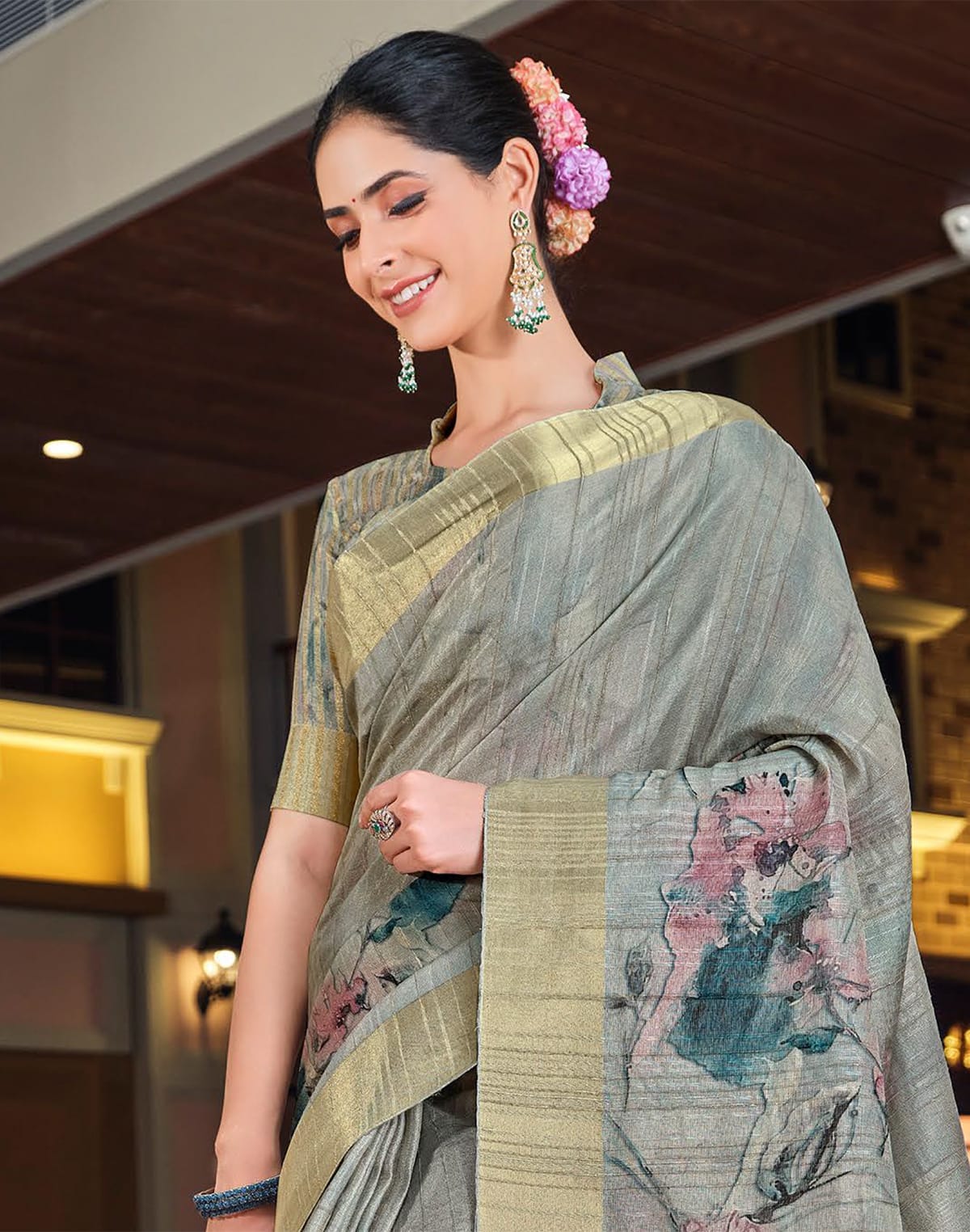 Collection of Grey all over digital prit Bagalpuri Silk Saree in a gallery layout