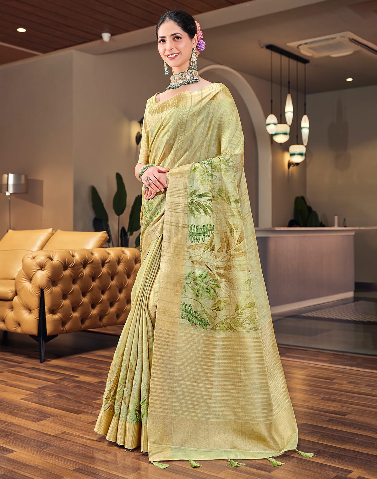 Light Pista golden border Bagalpuri Saree