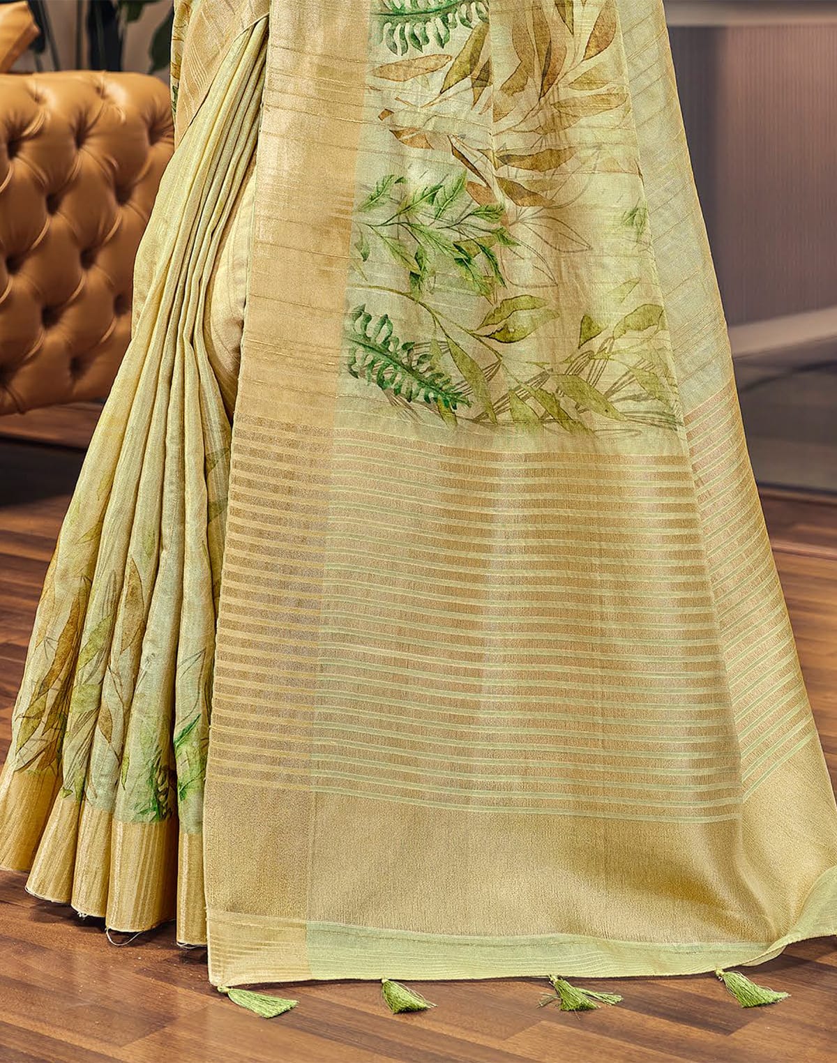 Collection of Light Pista golden border Bagalpuri Saree in a gallery layout