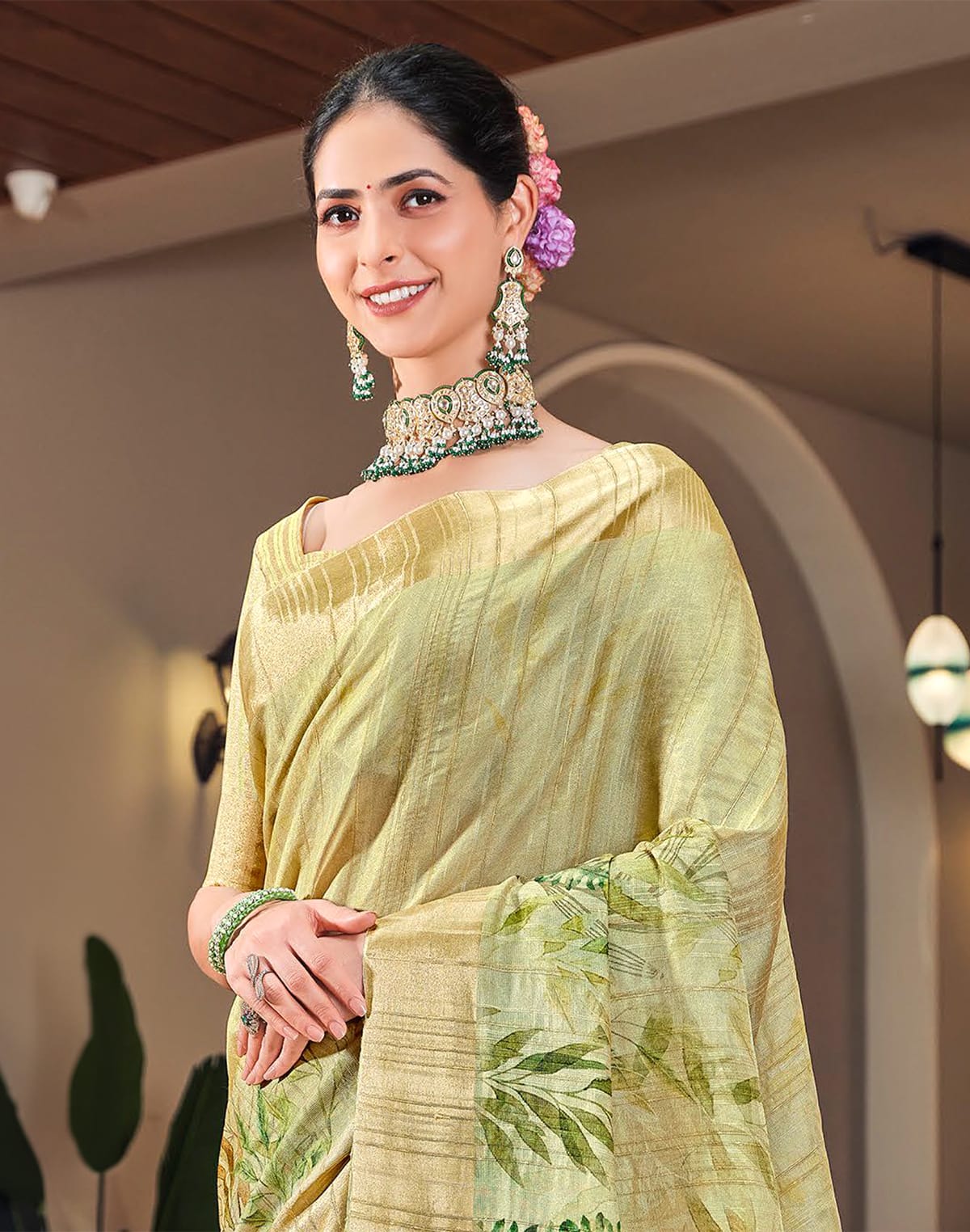 Light Pista golden border Bagalpuri Saree