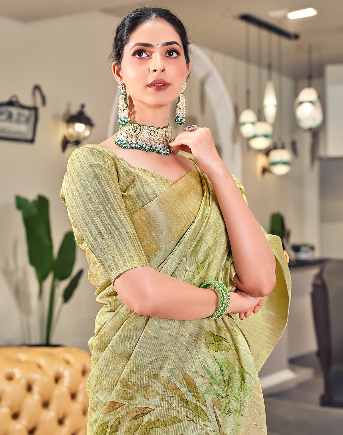 Collection of Light Pista golden border Bagalpuri Saree in a gallery layout