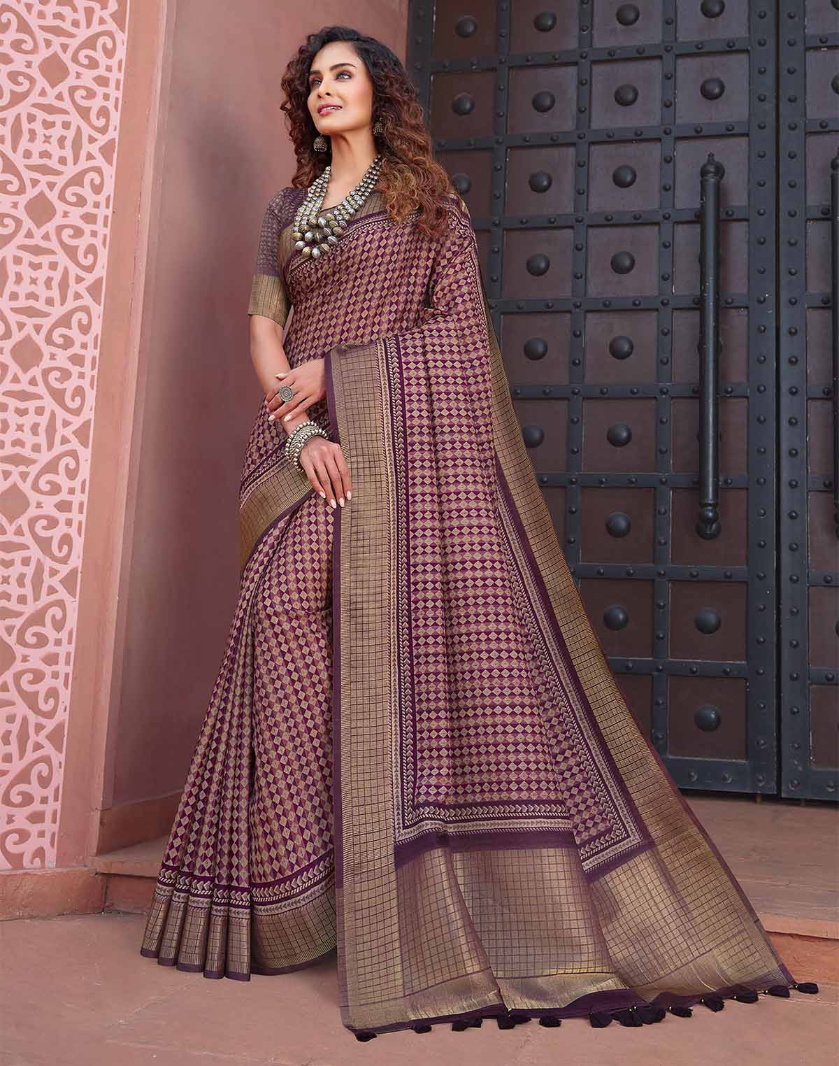 Wine Coloured Jute Silk Fancy Saree