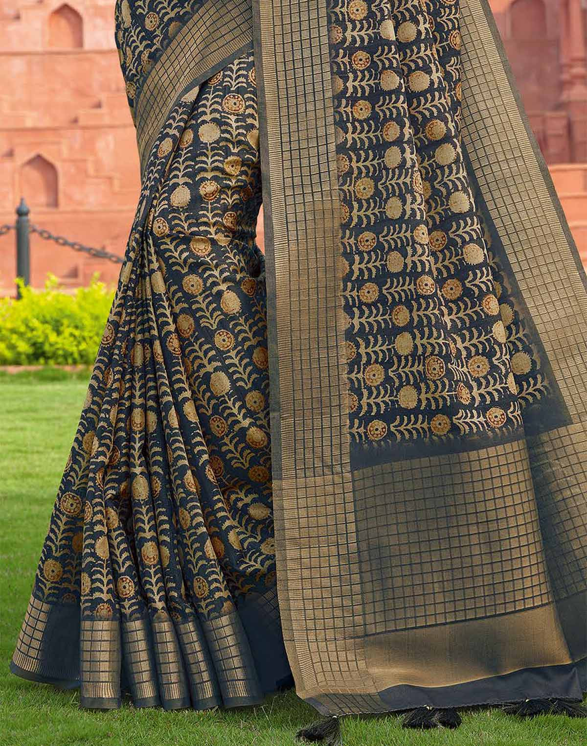 Dark Green all over Botanical print Jute Silk Saree