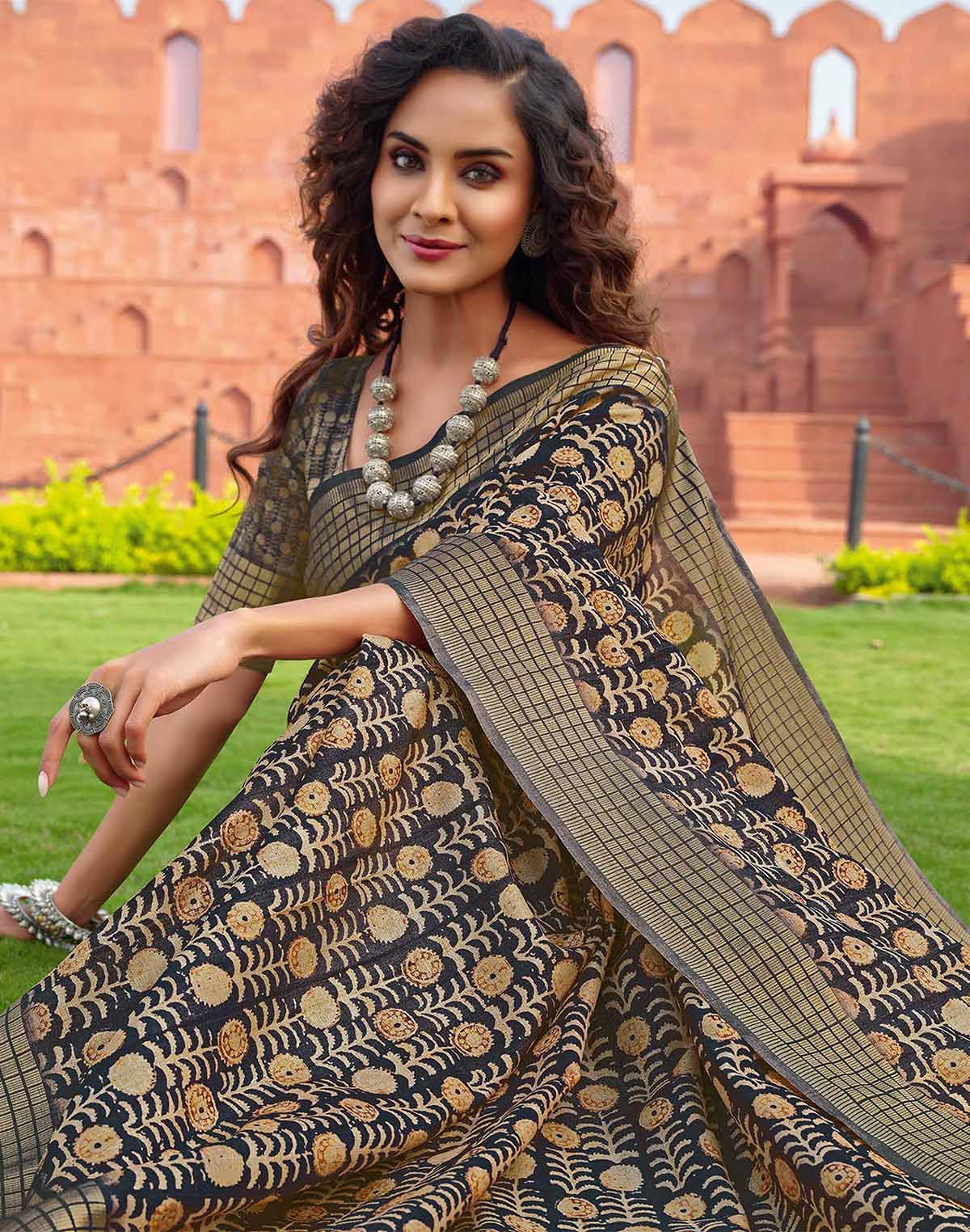 Dark Green all over Botanical print Jute Silk Saree