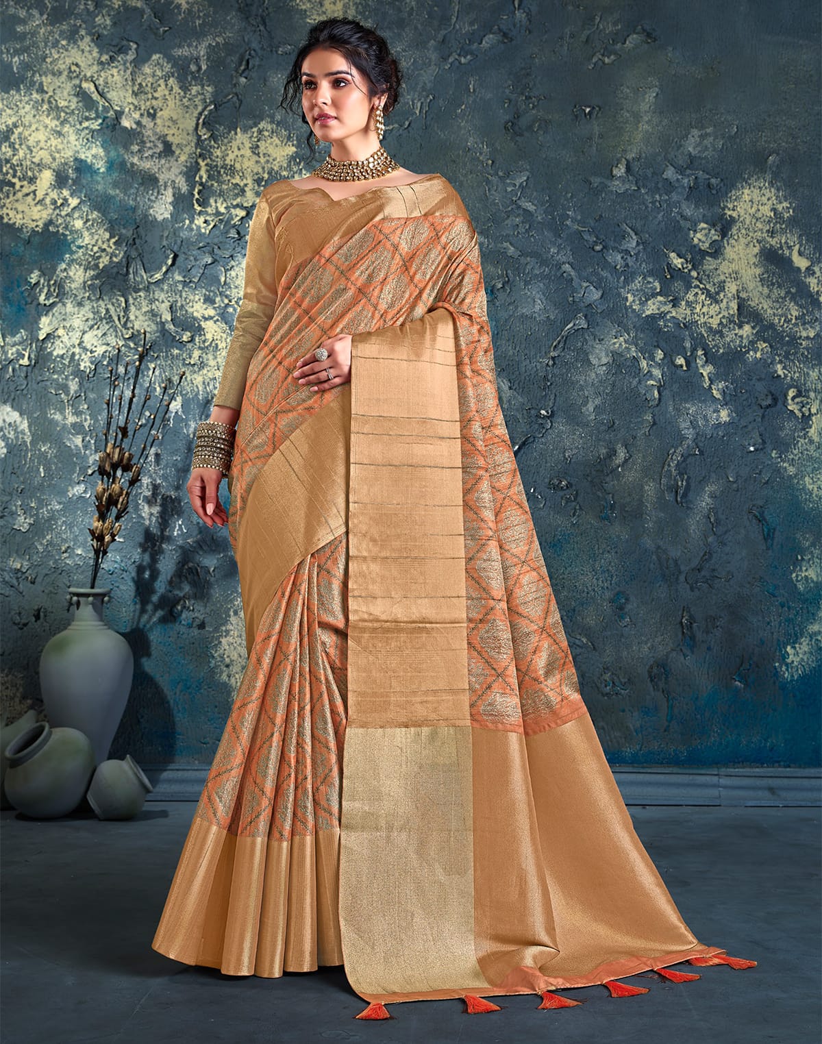 Orange Coloured light weight Jute Saree